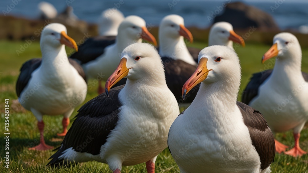 Fototapeta premium Group of white and black birds on grassy shore