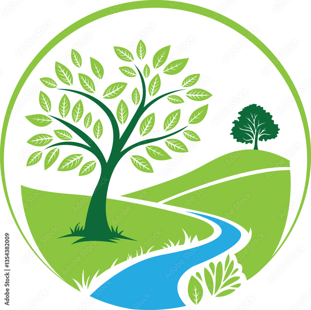 Fototapeta premium vector illustration of a green tree , Nature landscape with a river and trees in a circular design logo