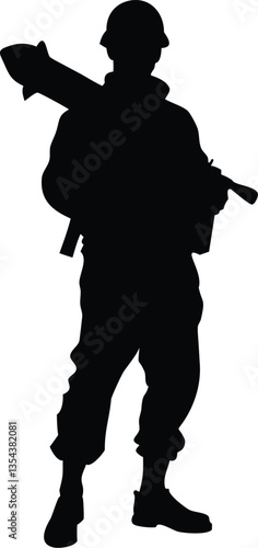 Black silhouette of american soldier with rocket launcher. USA army. Military man with grenade weapon. Isolated warrior