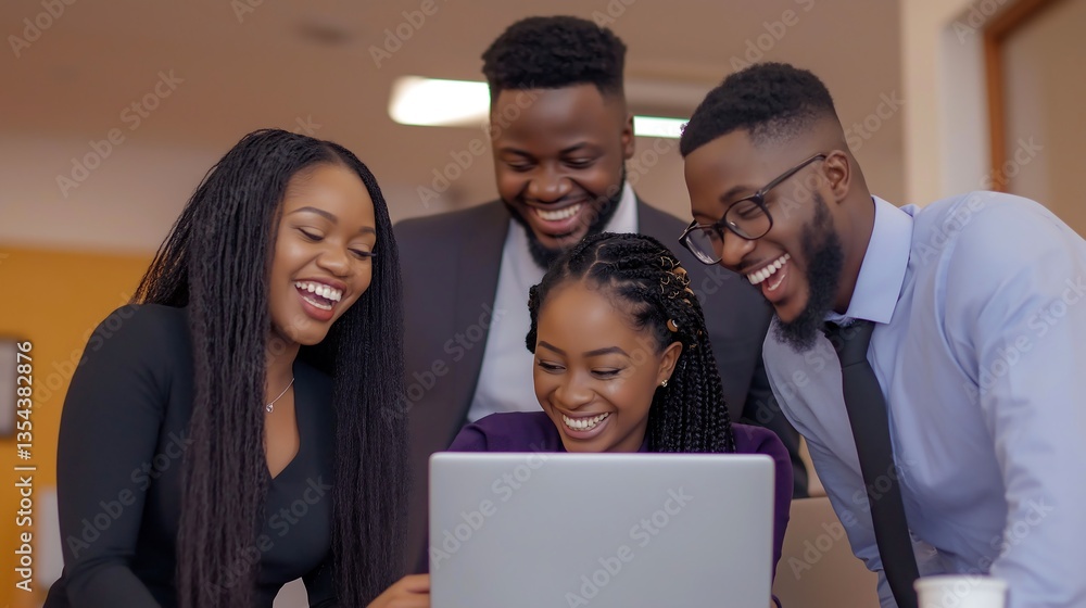Group of colleagues collaborating on a project in a modern office