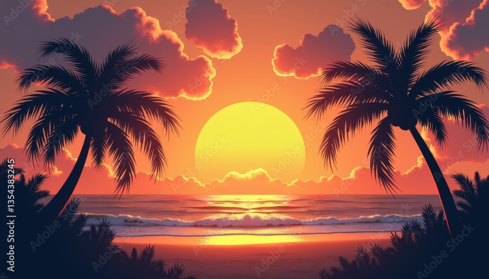 A stunning sunset over the ocean, with palm trees silhouetted against a warm orange and pink sky. The peaceful tropical scene exudes serenity and natural beauty A stunning sunset over the ocean, with palm trees silhouetted against a warm orange and pink sky. The peaceful tropical scene exudes serenity and natural beauty
