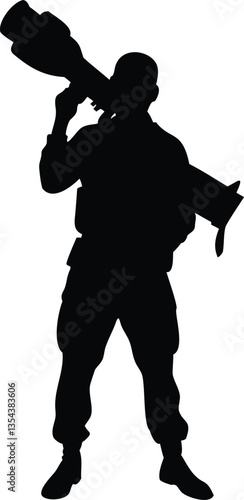 Black silhouette of soldier with missile weapon. Isolated modern rocket launcher. Warrior practical with anti tank rifle. Camouflage infantryman shape. Vector illustration
