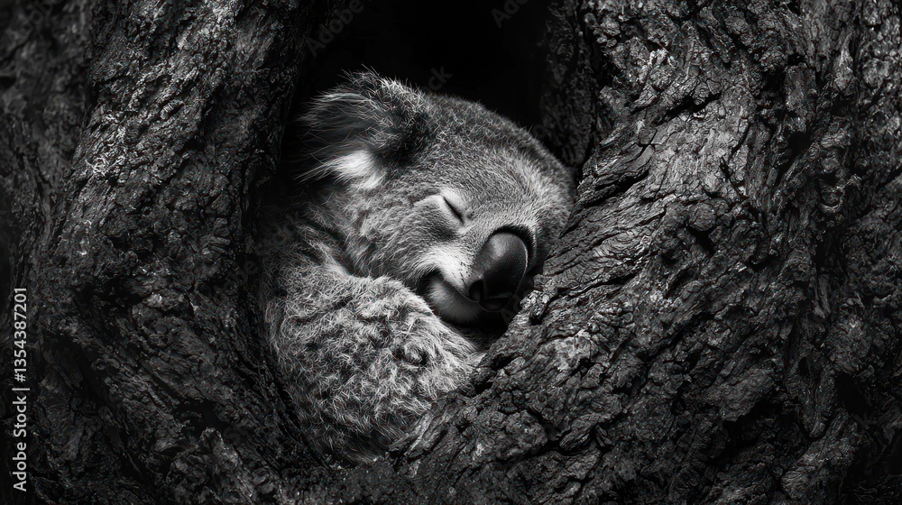 Obraz premium Koala Dreaming in a Tree Hollow: A Monochromatic Masterpiece
