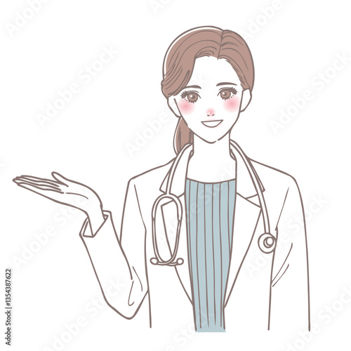 笑顔で手のひらを差し出す女性医師