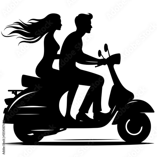 Couple riding scooter silhouette on honeymoon adventure