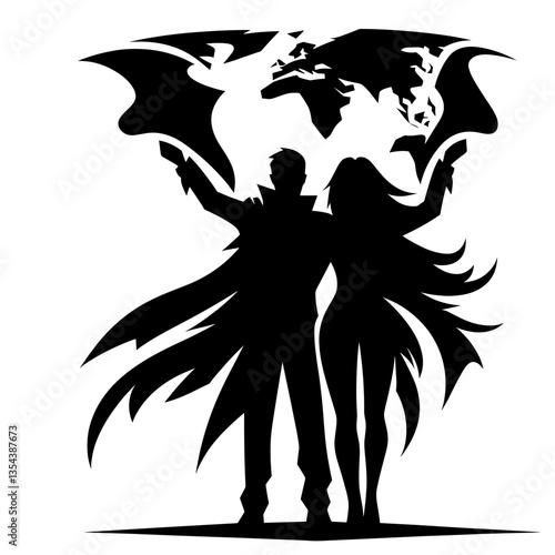 Newlyweds holding map silhouette planning honeymoon trip