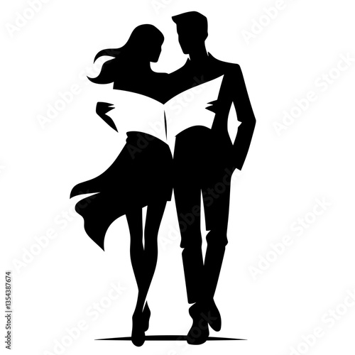 Romantic couple with world map silhouette exploring honeymoon destinations
