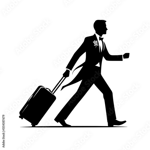 Groom walking with suitcase silhouette for honeymoon travel