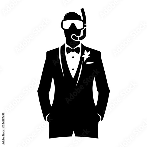 Groom in snorkel mask silhouette for tropical honeymoon