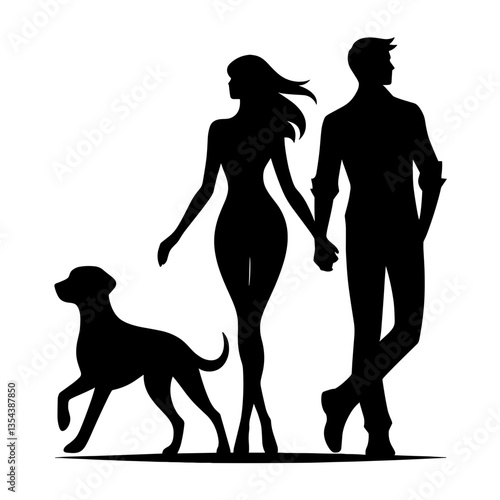 Couple with dog silhouette walking on honeymoon getaway