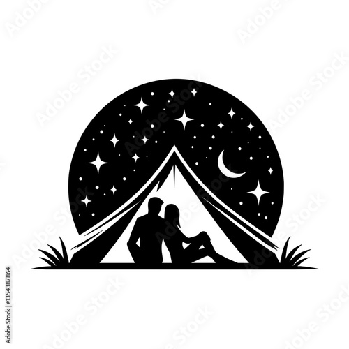 Couple camping under starry sky silhouette on honeymoon trip