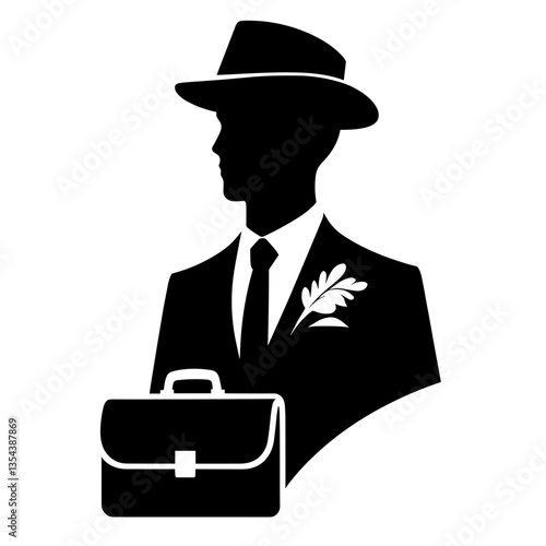Groom in hat with briefcase silhouette ready for honeymoon