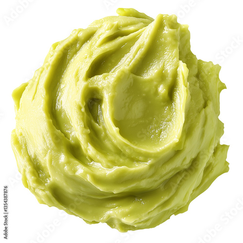Scoop of creamy avocado spread or guacamole isolated on white background
