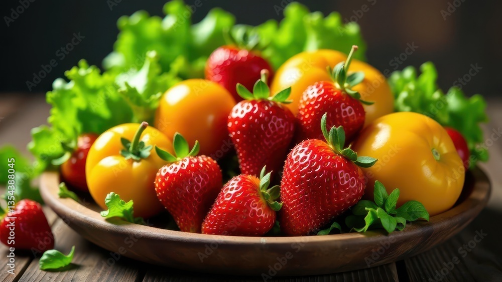 A vibrant collection of ripe strawberries and sun-kissed yellow bell peppers, nestled amongst fresh green lettuce leaves, presented on a rustic wooden bowl. A vibrant collection of ripe strawberries and sun-kissed yellow bell peppers, nestled amongst fresh green lettuce leaves, presented on a rustic wooden bowl.