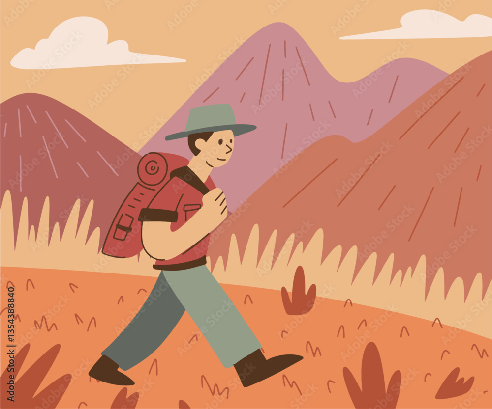 Obraz premium Adventurous hiker climbing a mountain path with forest in the background