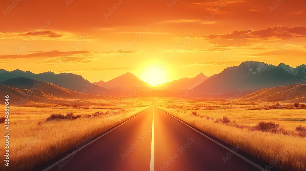 Fototapeta premium Sunset landscape with road, prairie, and mountains