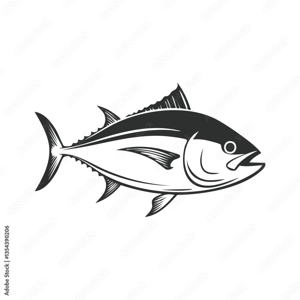 Fototapeta premium Detailed Black and White Illustration of a Tuna Fish with Fins and Scales. Vector illustration. Generative Ai