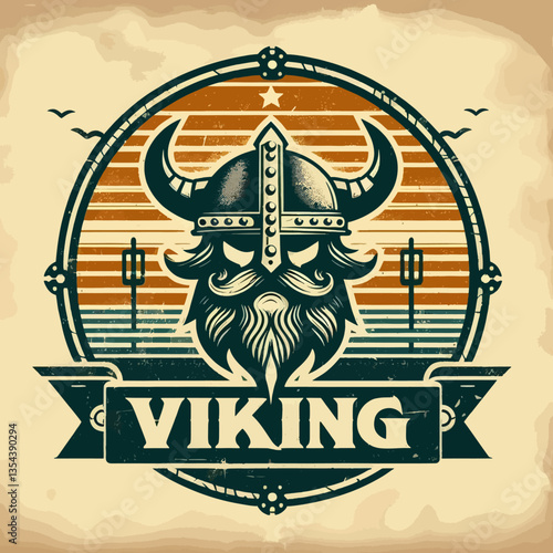 Ilustración de vikingos en estilo vintage grunge, diseñada como emblema en gráficos vectoriales EPS10, combina la textura áspera de la antigüedad con líneas nítidas, creando una poderosa imagen de gue