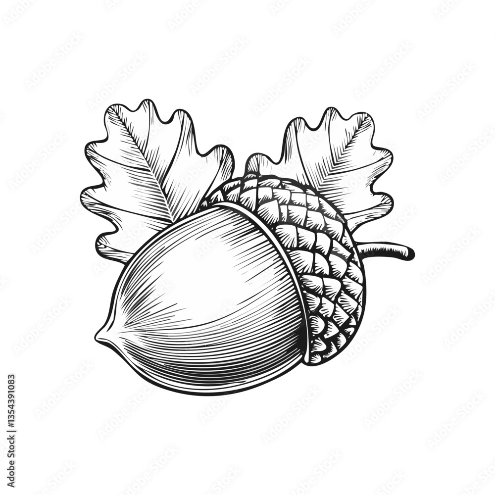 Fototapeta premium Hand-Drawn Acorn With Oak Leaves on White Background. Vector illustration. Generative Ai