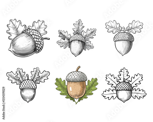 Set of Detailed Acorn Drawings with Oak Leaves in Various Styles and Colors. Vector illustration. Generative Ai