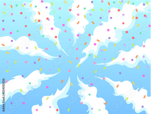 Sky with clouds in manga style and confetti