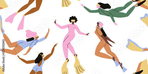 Women go scuba diving. Exotic seamless pattern with diving and snorkeling girls. Cartoon design for fabric, wrapping, cover.