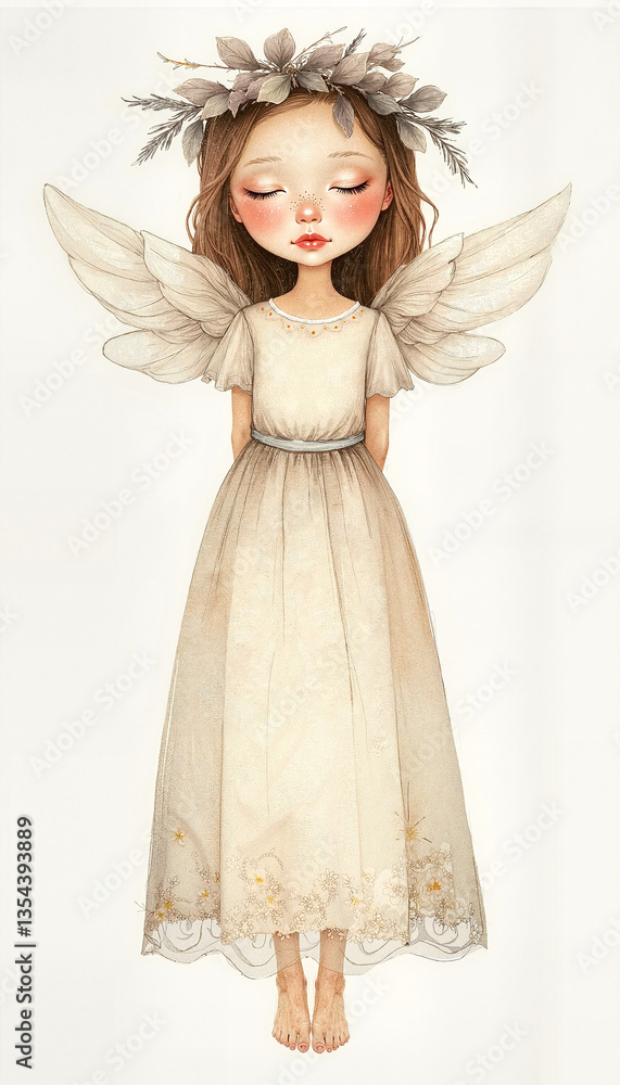 Enchanted angel girl with wings standing gracefully in soft tones Enchanted angel girl with wings standing gracefully in soft tones