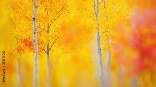 Golden Autumn Dreamscape: A symphony of yellow and orange aspen trees in vibrant fall foliage, captured with a soft focus effect.