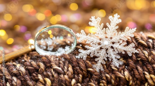 Magnifying glass, snowflake, bokeh lights, wool, winter