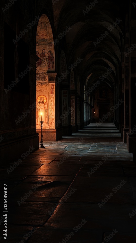 Fototapeta premium Candle lights a dark arched stone corridor