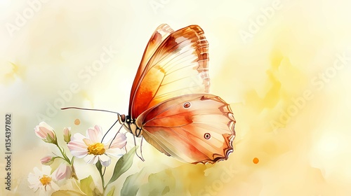 Butterfly Sitting on Flower Illustration with Orange and Yellow Watercolor