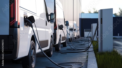 Electric vans charging at a modern facility in daylight