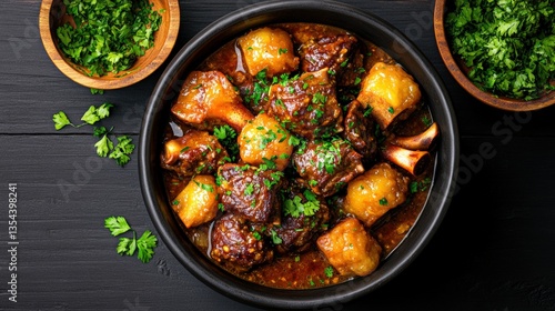 Delicious bowl of richly flavored oxtail stew with potatoes and parsley garnish for a comforting meal