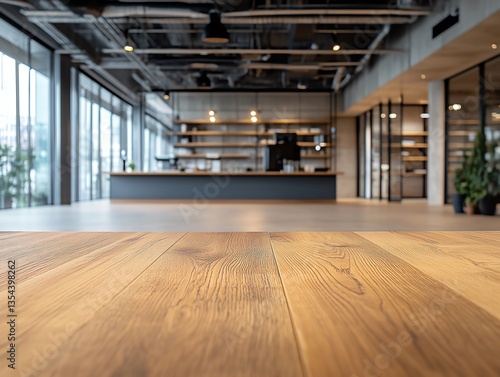 Wooden Table Mockup in Modern Office – Blurred Background, Podium for Products