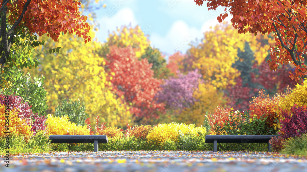 serene park scene with colorful autumn foliage and benches serene park scene with colorful autumn foliage and benches