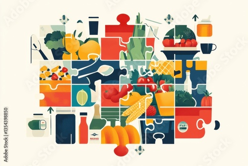 Fresh groceries create a colorful puzzle design symbolizing a complete and enjoyable shopping experience