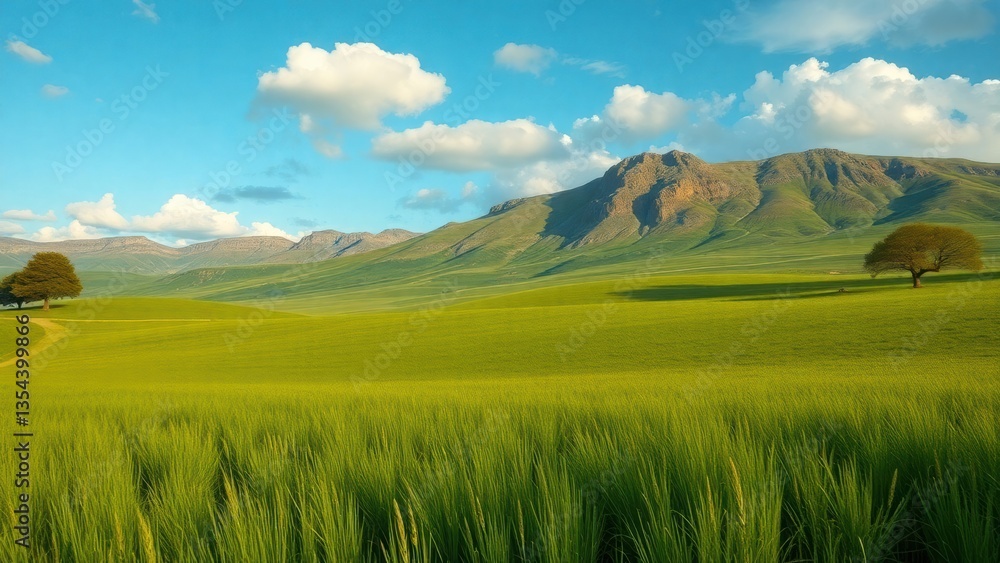 Fototapeta premium rice plants around a wide meadow with three trees and 2 pants of beautiful bright sky