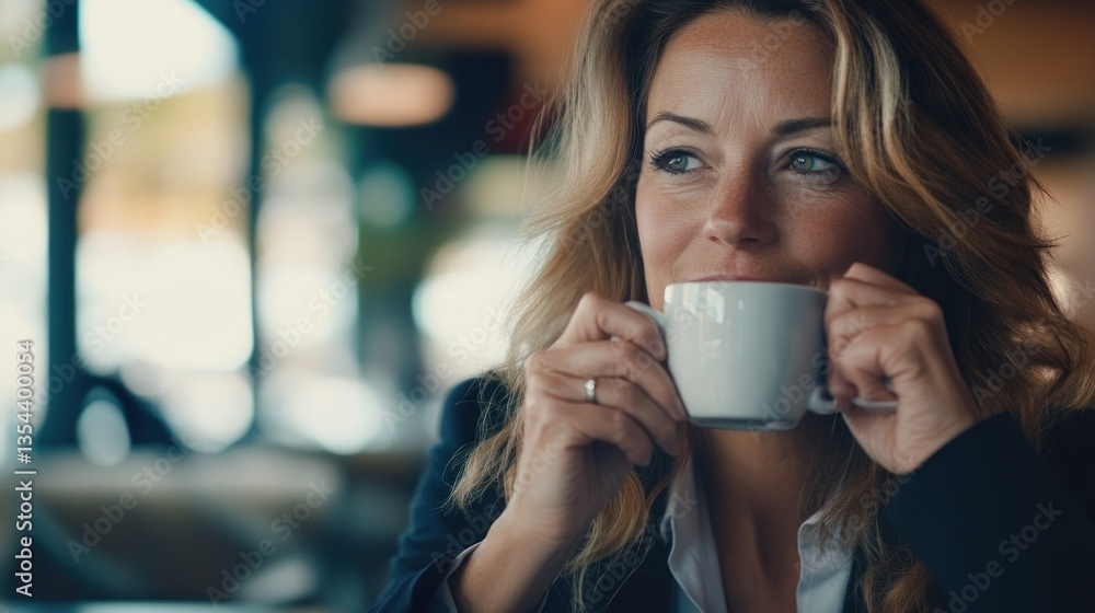 Woman enjoying coffee in cafe, thoughtful expression, blurred cafe interior background. Possible use business, lifestyle Woman enjoying coffee in cafe, thoughtful expression, blurred cafe interior background. Possible use business, lifestyle