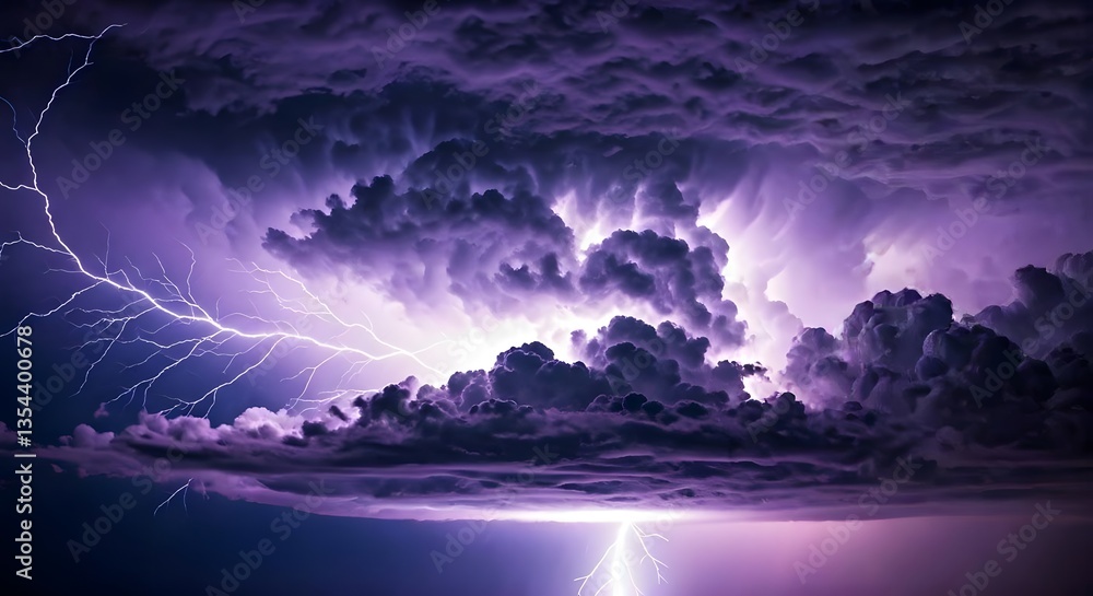 Fototapeta premium Intense purple lightning flashing through a stormy sky filled with swirling clouds and vibrant hues, Ai Generated