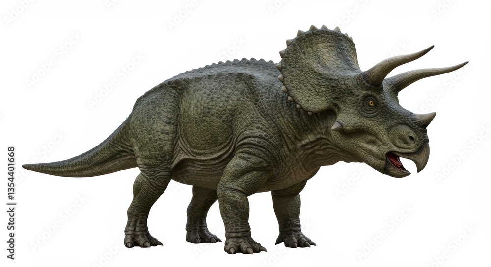 Obraz premium This vibrant illustration of a Triceratops highlights its iconic three horns and frill, showcasing rugged texture and strength, perfect for educational materials or children's books.