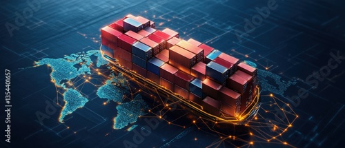A Digital Rende of a Cargo Ship Transporting Shipping Containers Above a Glowing Global Map Illustrating Concepts of Trade and Logistics Worldwide
