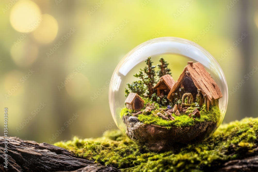 Miniature Woodland Village Encased in Glass Globe Amidst Mossy Forest Background. Miniature Woodland Village Encased in Glass Globe Amidst Mossy Forest Background.