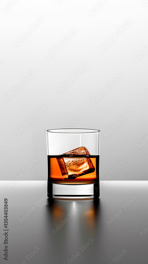 Glass of Whiskey with an Ice Cube on Gray Background. Classic Drink, Refreshing Beverage, Whiskey On the Rocks, Copyspace.