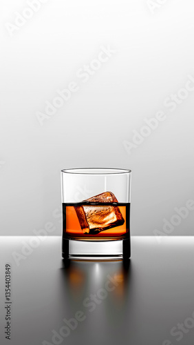 Obraz na płótnie Glass of Whiskey with an Ice Cube on Gray Background. Classic Drink, Refreshing Beverage, Whiskey On the Rocks, Copyspace. w salonie