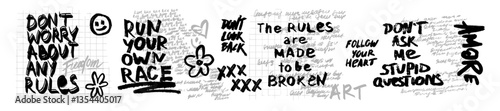 Handwriting scribble set, doodle quote illustration, vector abstract messy note graphic design. Ink pen inscription page, creative modern marker lettering, motivation phrase. Grunge doodle scribble