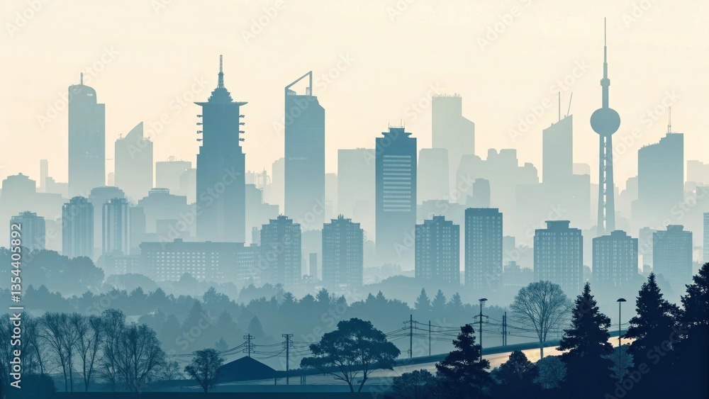 Fototapeta premium A serene skyline showcases modern skyscrapers blending into the misty horizon at dawn.