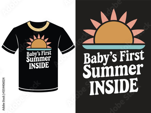 A black t-shirt graphic design featuring a stylized sunset graphic and the text "Baby's First Summer Inside
