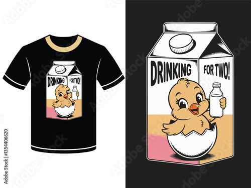 A whimsical graphic design featuring a chick emerging from an egg, holding a milk carton