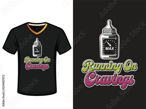 A black t-shirt design with a vintage-inspired graphic of a baby bottle with a gauge that reads