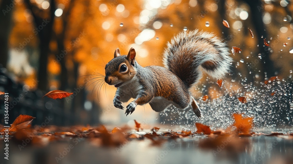Squirrel in Autumn Park, Leaping through Rain Squirrel in Autumn Park, Leaping through Rain